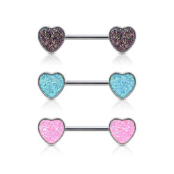 Nipple Bars with Druzy Stone Heart Ends
