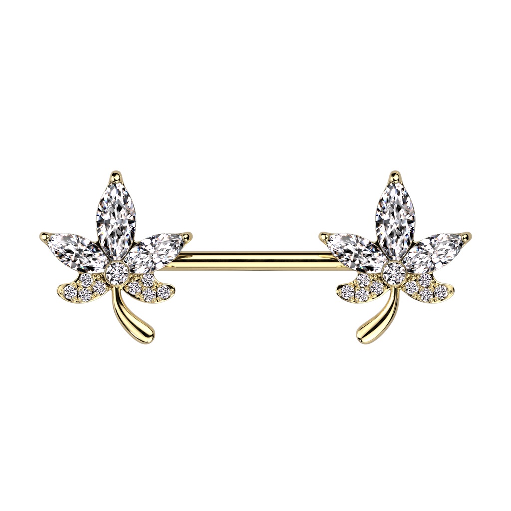 Nipple Bar with Clear CZ Leaf Ends
