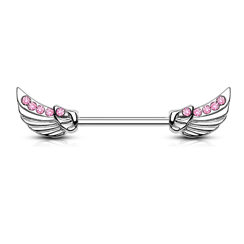 Nipple Bar with CZ Lined Angel Wings