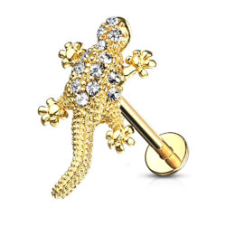 Gold Labret with a Clear CZ Gems Lizard
