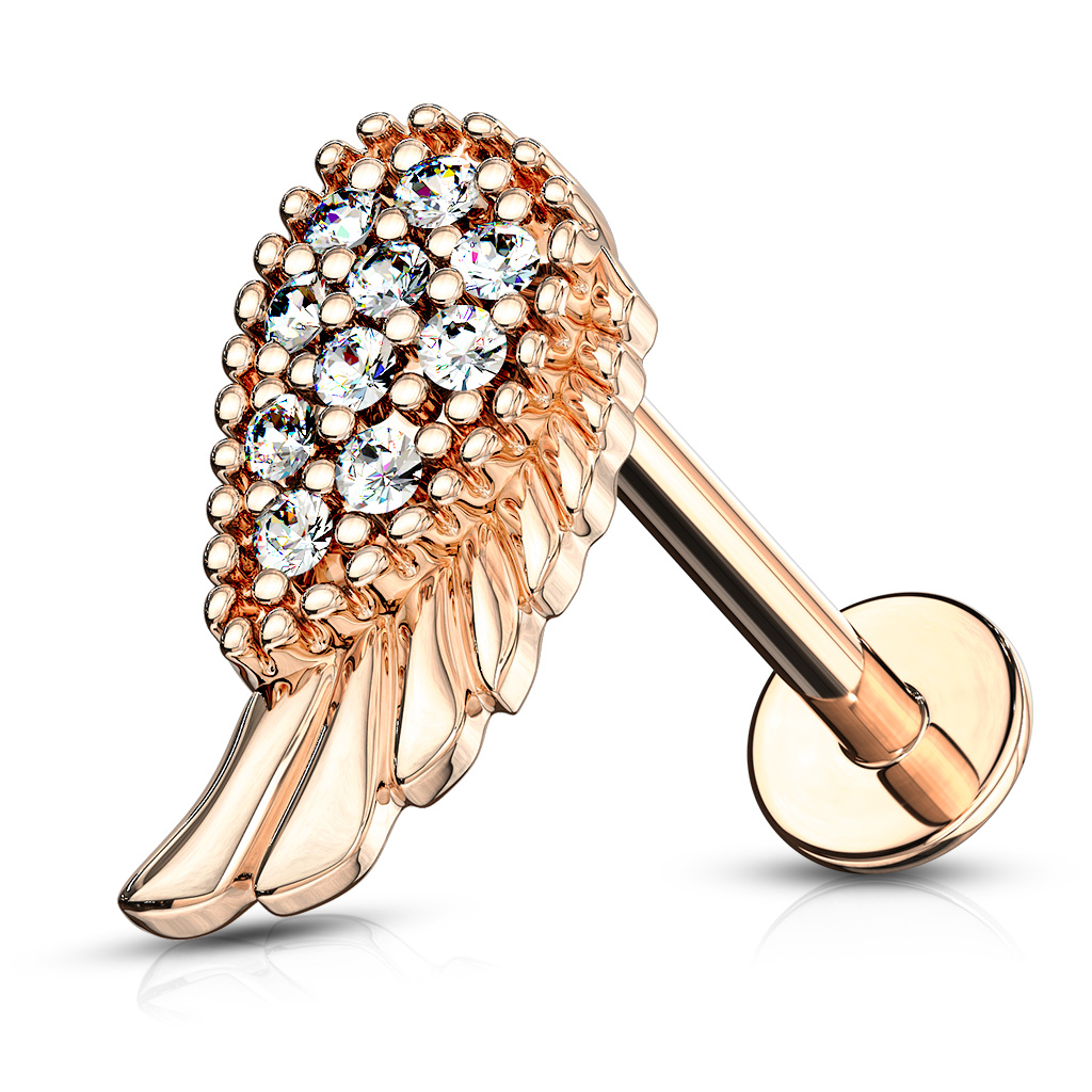 Rose Gold Labret with a Clear CZ Angel Wing