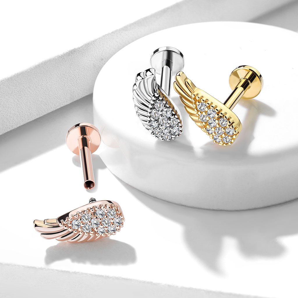 Rose Gold Labret with a Clear CZ Angel Wing - Image 5
