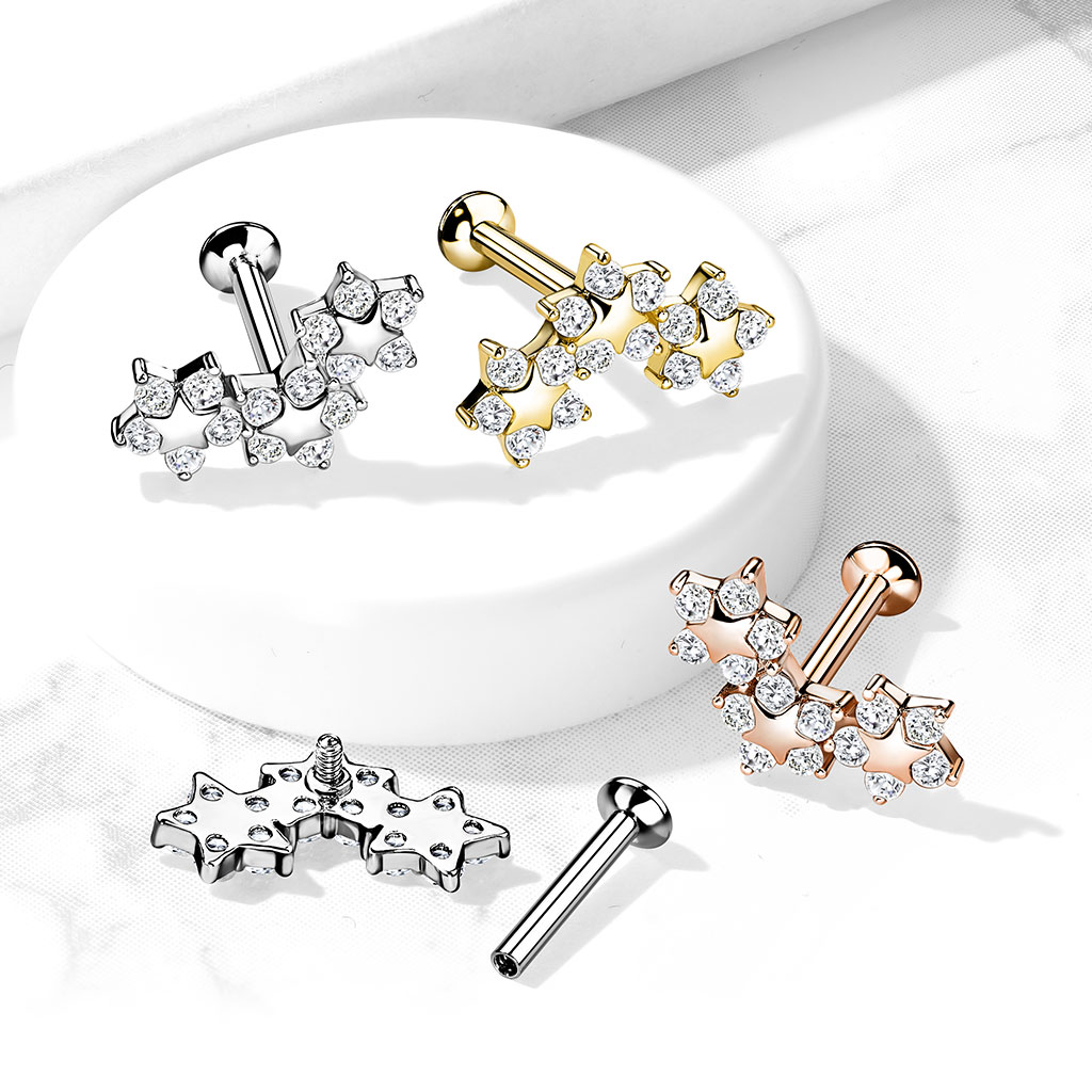 Rose Gold Labret with 5 Clear CZ Triple Star Top - Image 2