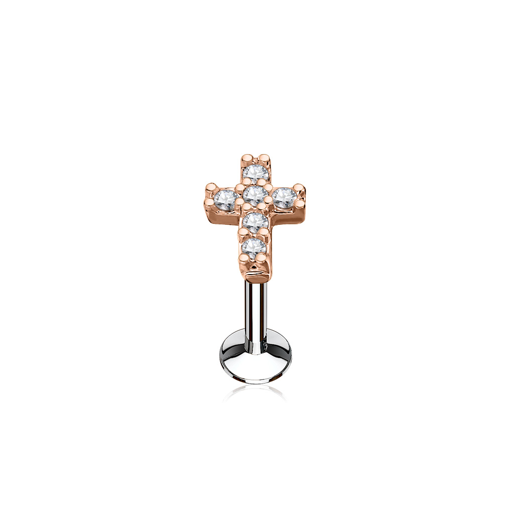 Rose Gold Labret with Clear CZ Cross