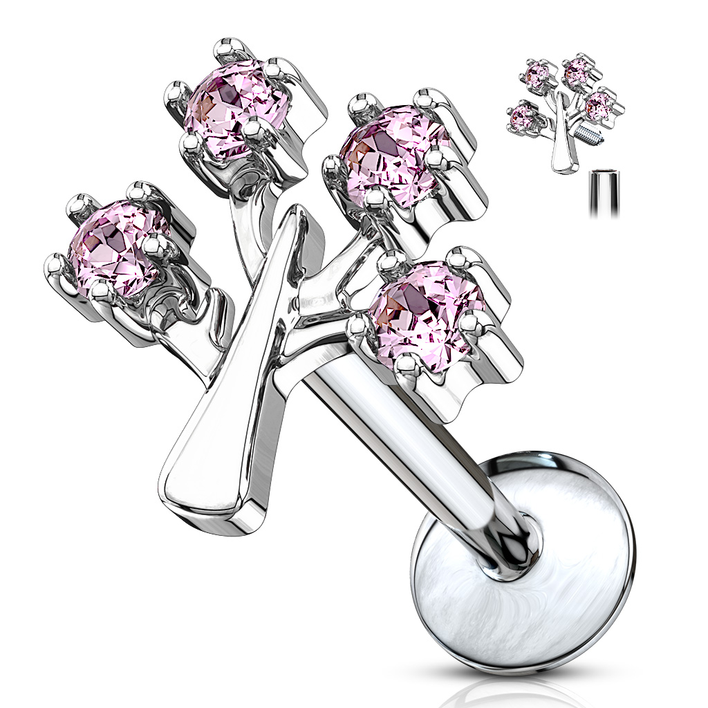 Labret with 4 Pink CZ Gems in a Tree