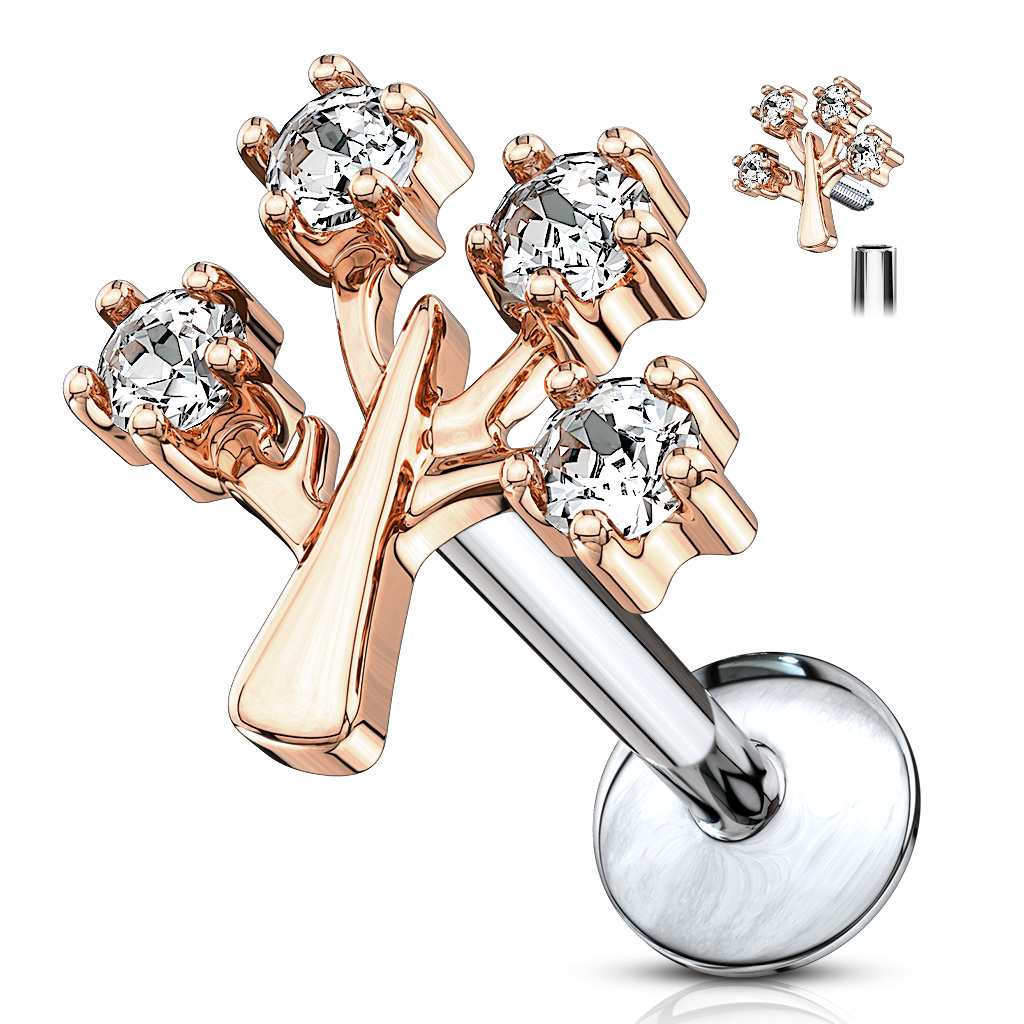Rose Gold Labret with 4 cz gems in a Tree