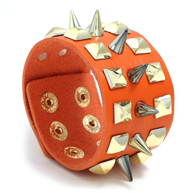 Orange Leather Bracelet with Gold Studs and Spikes