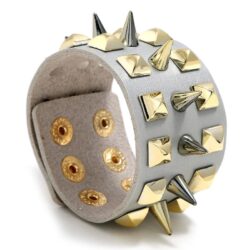 Silver  Leather Bracelet with Gold Studs and Spikes