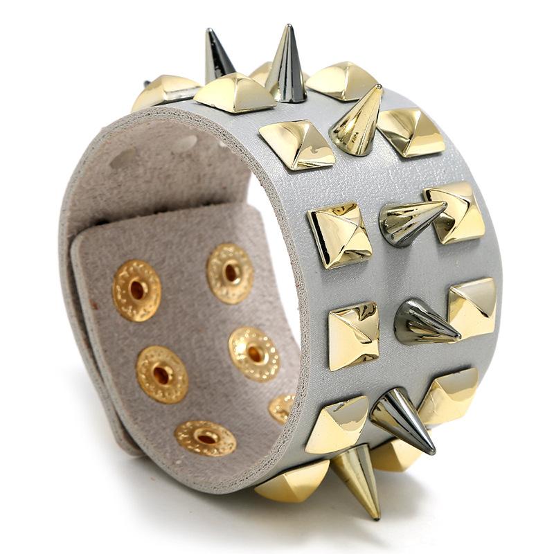 Silver  Leather Bracelet with Gold Studs and Spikes