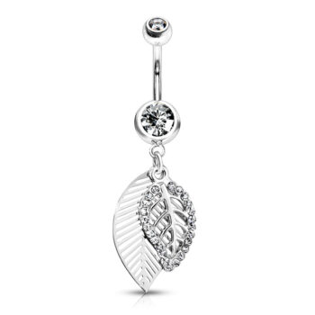 Belly Bar with CZ Paved Leaves Dangle - Image 5
