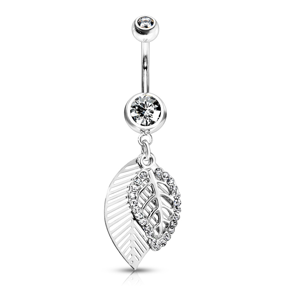 Belly Bar with CZ Paved Leaves Dangle - Image 5