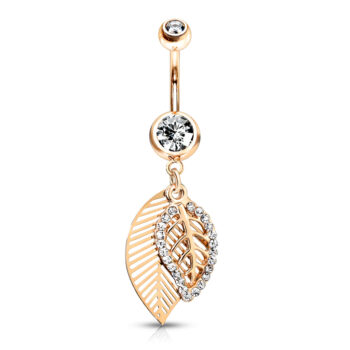 Belly Bar with CZ Paved Leaves Dangle - Image 3