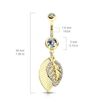 Belly Bar with CZ Paved Leaves Dangle - Image 2