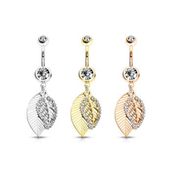 Belly Bar with CZ Paved Leaves Dangle