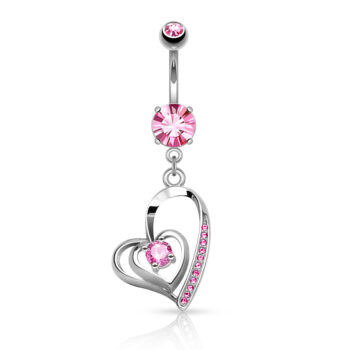 Belly Bar with CZ Double Heart Dangle