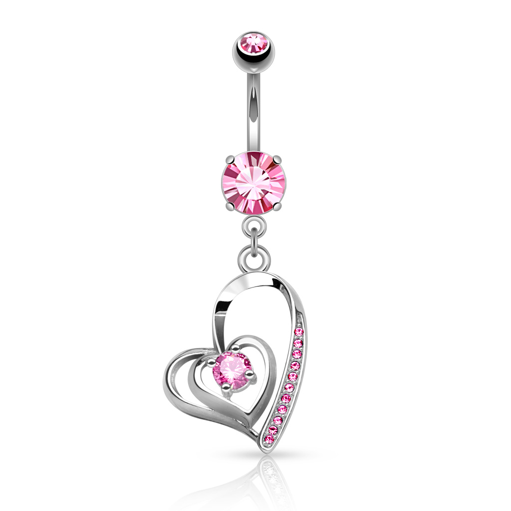 Belly Bar with CZ Double Heart Dangle