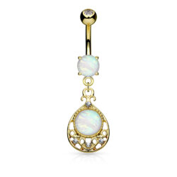 Vintage Filigree Dangle Belly Bar with Imitation White Glitter Opal