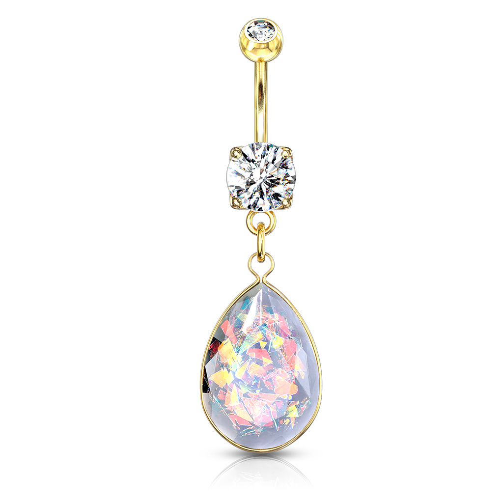 Belly Bar with Clear CZ Gems and Rainbow Glitter Opalite Stone Dangle - Image 5