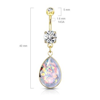 Belly Bar with Clear CZ Gems and Rainbow Glitter Opalite Stone Dangle - Image 2