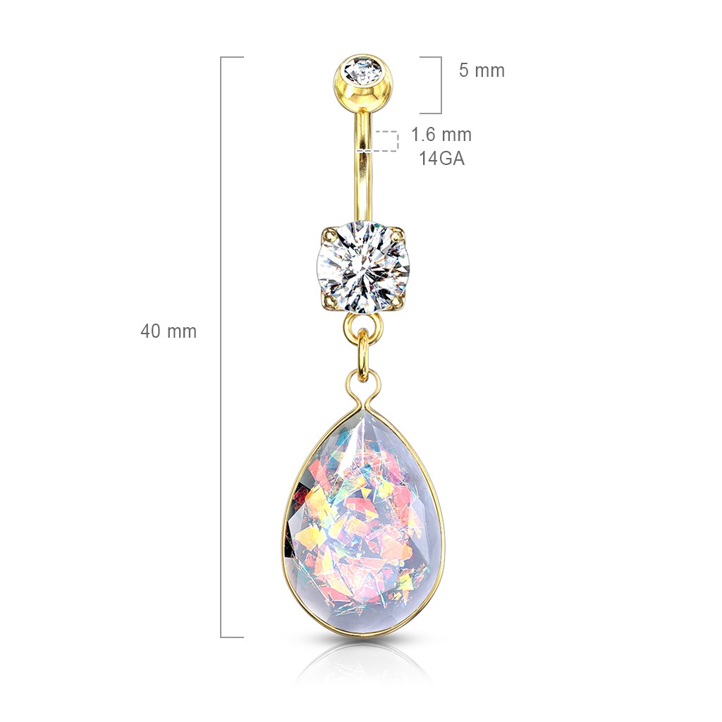 Belly Bar with Clear CZ Gems and Rainbow Glitter Opalite Stone Dangle - Image 2