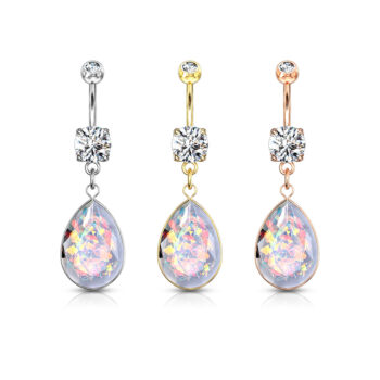 Belly Bar with Clear CZ Gems and Rainbow Glitter Opalite Stone Dangle