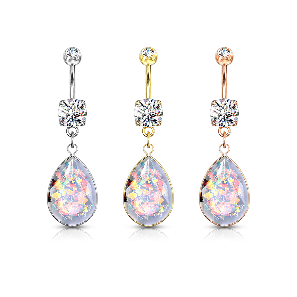 Belly Bar with Clear CZ Gems and Rainbow Glitter Opalite Stone Dangle