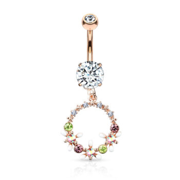 Belly Bar with a Clear CZ Gem and a Floral Wreath Dangle - Image 2