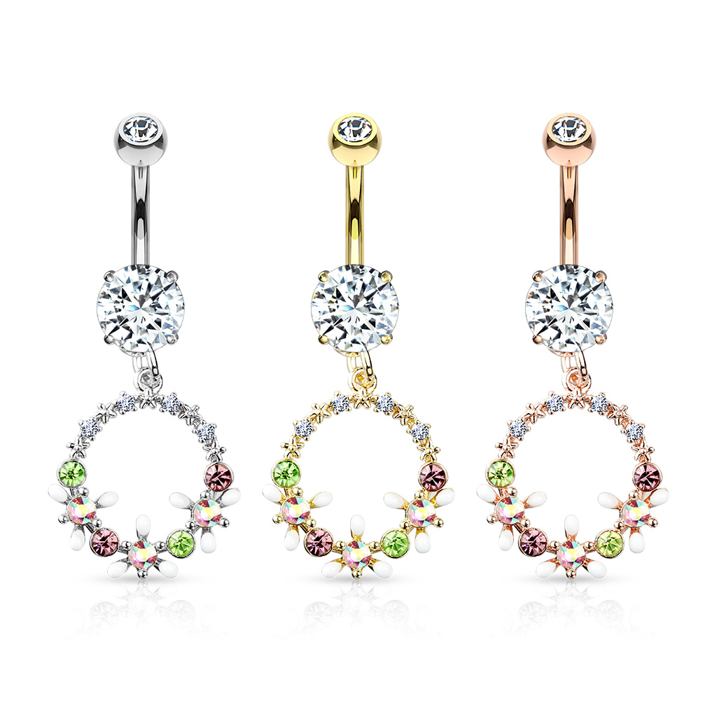 Belly Bar with a Clear CZ Gem and a Floral Wreath Dangle
