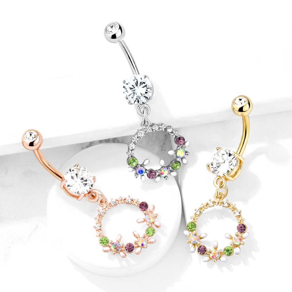 Belly Bar with a Clear CZ Gem and a Floral Wreath Dangle - Image 5