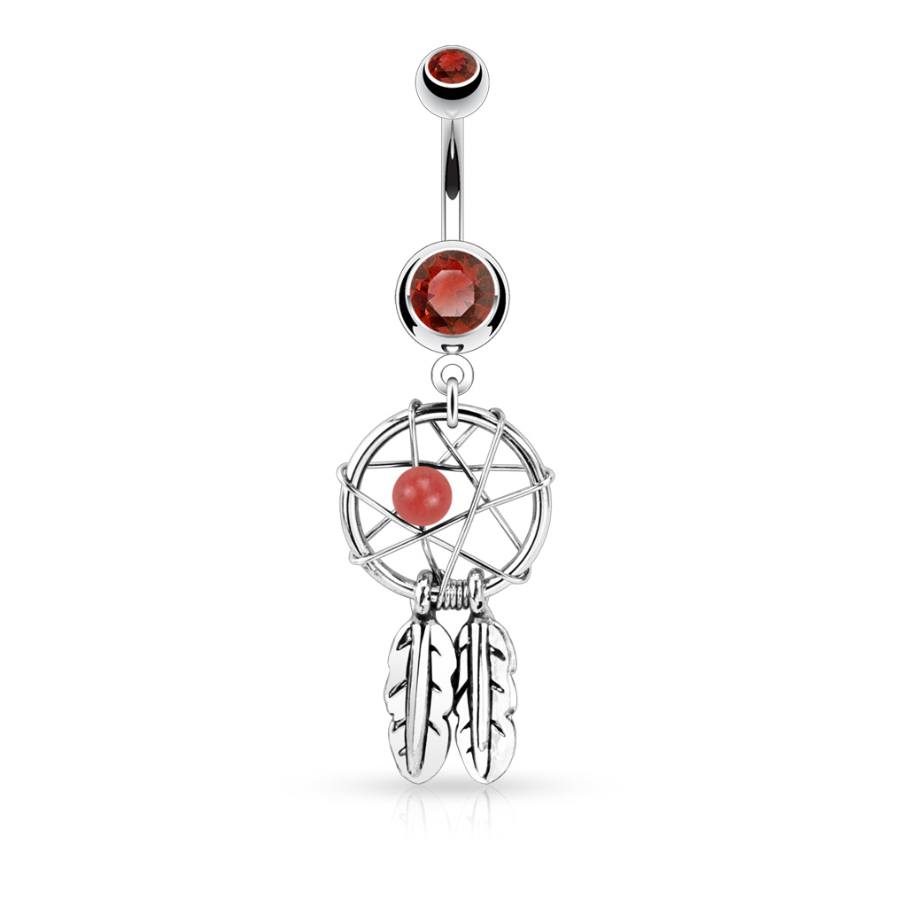 Belly Bar with CZ Gems and a Dangle with Dream Catcher Woven Star, Bead and Feathers