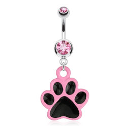Belly Bar with a Pink CZ Gem and Pink Cat Paw Dangle