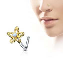 L-Bend Nose Stud with a Flower and a White Opal