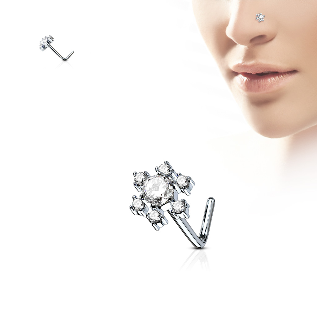 L-Bend Nose Stud with a Clear CZ Snowflake Head - Image 2