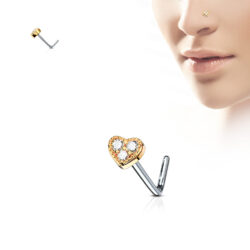 L-Bend Nose Stud with 3 CZ Paved Heart Top