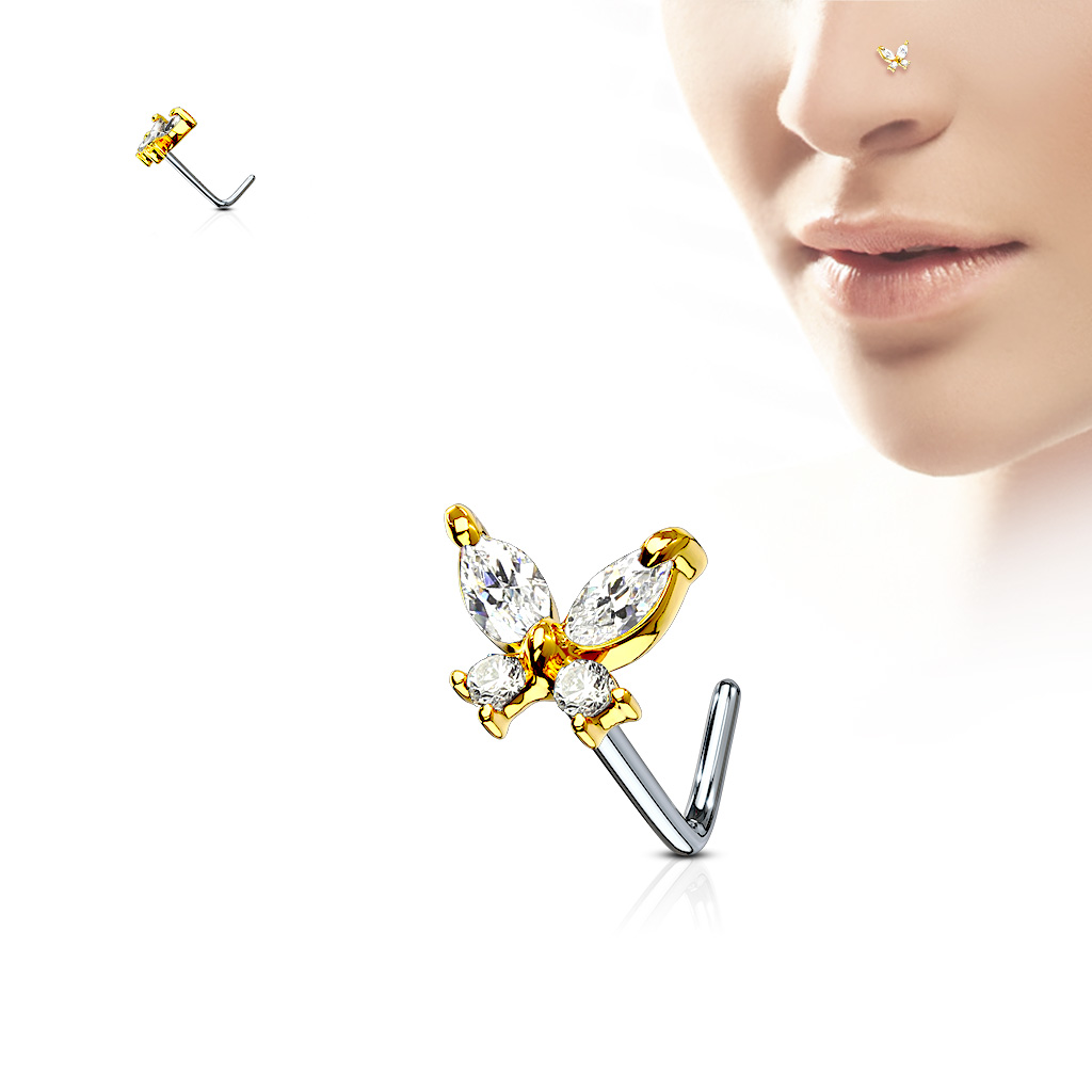 L-Bend Nose Stud with CZ Butterfly Top