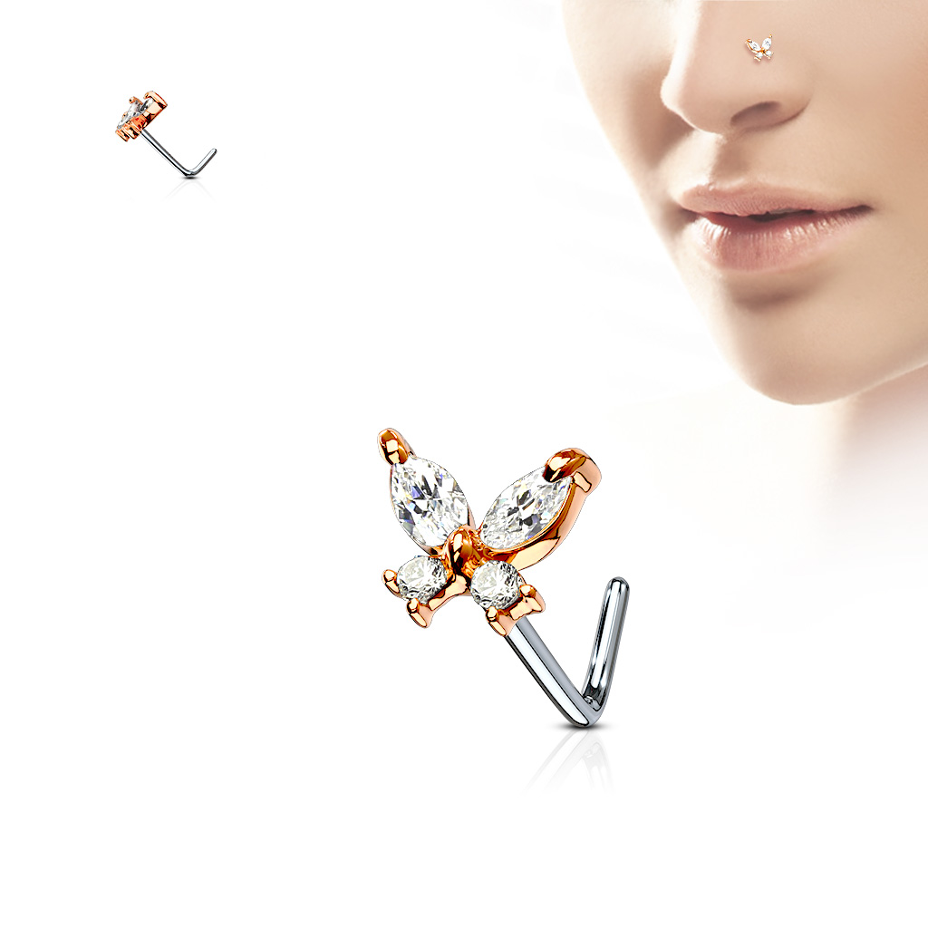 L-Bend Nose Stud with CZ Butterfly Top - Image 2