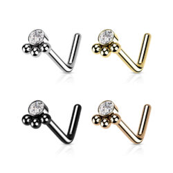 L-Bend Nose Stud with a 3 Beaded Ball Cluster and Clear CZ Centre