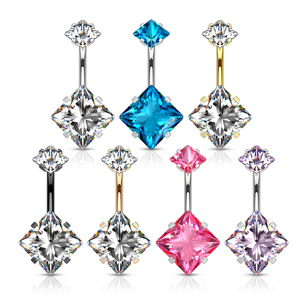 Belly Bar with 2 Jewelled CZ Squares