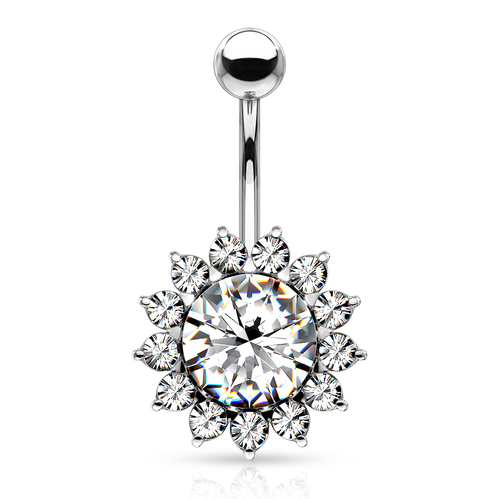 Belly Bar with a Large CZ Flower - Length 10mm - Image 4