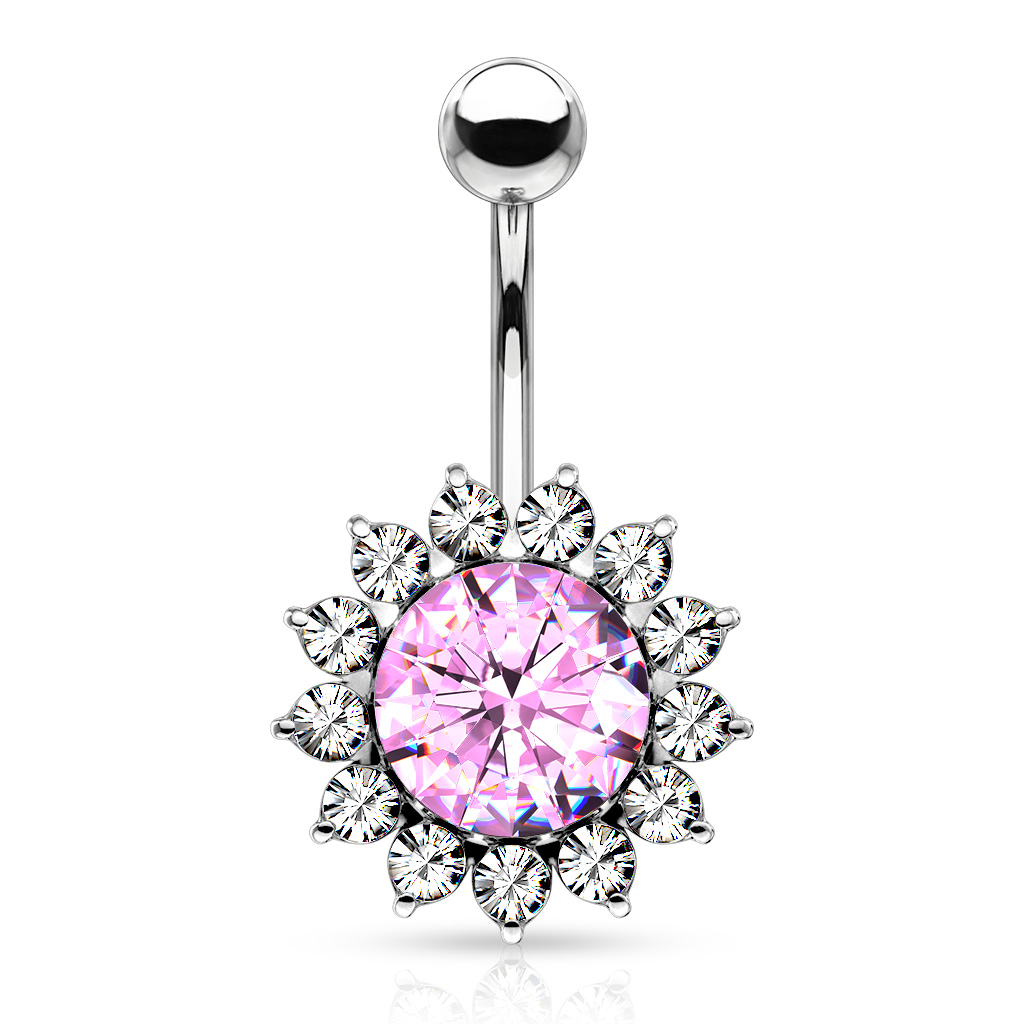 Belly Bar with a Large CZ Flower - Length 10mm - Image 3