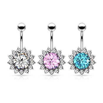 Belly Bar with a Large CZ Flower - Length 10mm