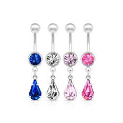 Belly bar with sparkling crystal teardrop dangle available in multiple colours