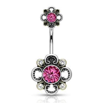 Belly Bar with Floral Filigree Double Flower and CZ Gem - Image 6