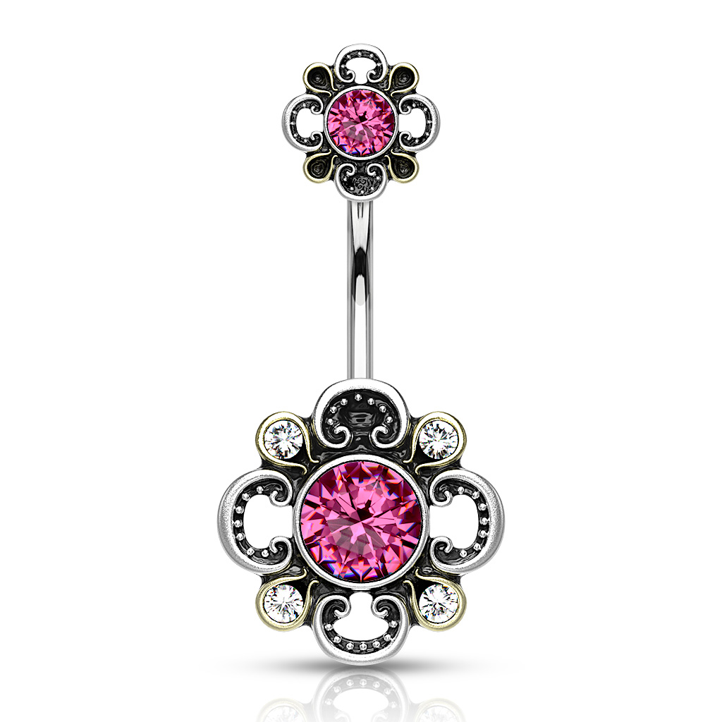 Belly Bar with Floral Filigree Double Flower and CZ Gem - Image 6