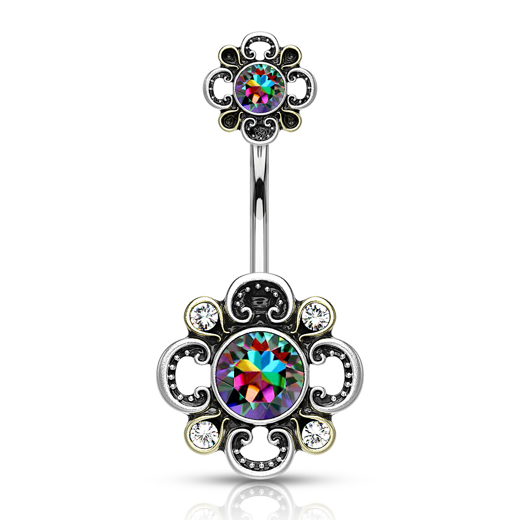 Belly Bar with Floral Filigree Double Flower and CZ Gem - Image 4