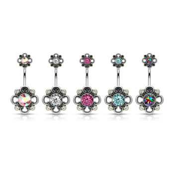 Belly Bar with Floral Filigree Double Flower and CZ Gem