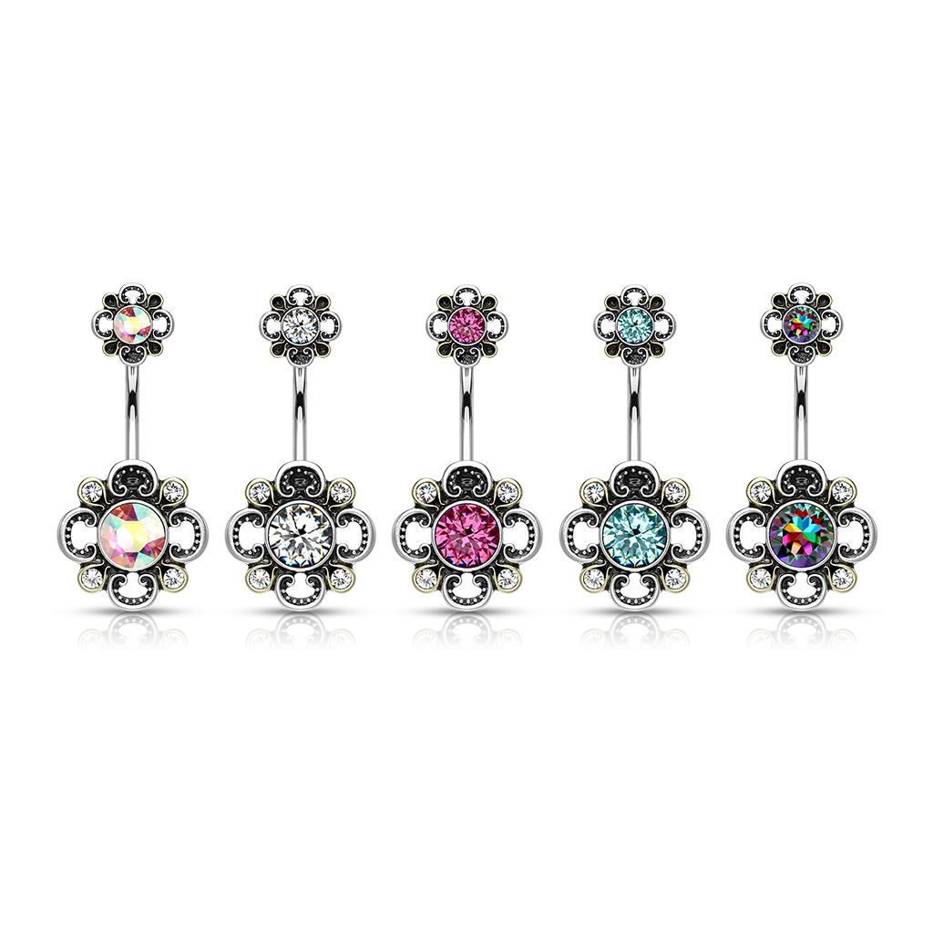 Belly Bar with Floral Filigree Double Flower and CZ Gem
