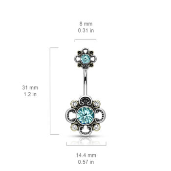 Belly Bar with Floral Filigree Double Flower and CZ Gem - Image 3