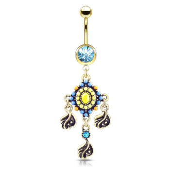 Belly Bar with a Blue CZ Gem and a Tribal Bead Paved with Filigree and Crystal Dangle - Image 3