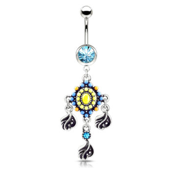 Belly Bar with a Blue CZ Gem and a Tribal Bead Paved with Filigree and Crystal Dangle - Image 2